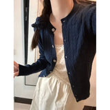 DERMEARNE French Style Round Neck Embroidery Knitted Cardigan Sweater Women's Early Autumn 2025 New Vintage Cable Knit Cropped Jacket Top