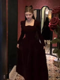 DERMEARNE French Vintage Christmas Red Velvet Dress Square Collar Evening Party Prom Vestidos Women Elegant Autumn Winter Clothes