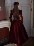 DERMEARNE French Vintage Christmas Red Velvet Dress Square Collar Evening Party Prom Vestidos Women Elegant Autumn Winter Clothes