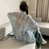 DERMEARNE Fresh and Lazy Style Design Women 2025 New Patchwork Polo Collar Button Lace Stripe Fashion Loose Casual Long Sleeved Shirts