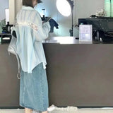 DERMEARNE Fresh and Lazy Style Design Women 2025 New Patchwork Polo Collar Button Lace Stripe Fashion Loose Casual Long Sleeved Shirts