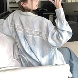 DERMEARNE Fresh and Lazy Style Design Women 2025 New Patchwork Polo Collar Button Lace Stripe Fashion Loose Casual Long Sleeved Shirts