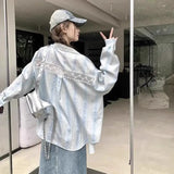 DERMEARNE Fresh and Lazy Style Design Women 2025 New Patchwork Polo Collar Button Lace Stripe Fashion Loose Casual Long Sleeved Shirts