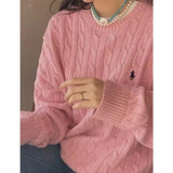 DERMEARNE Fried Dough Twists Sweater Embroidery Foreign Style Pony Round Neck New Knitting Lazy Long Sleeve Fashion Pullover Sweater Top