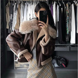 DERMEARNE Fur One Fox Fur Jacket Women's Outwear Winter New Fashion Loose Warm Short Motorcycle Imitation Lapel Lamb Fur Coat Tops