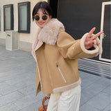 DERMEARNE Fur One Fox Fur Jacket Women's Outwear Winter New Fashion Loose Warm Short Motorcycle Imitation Lapel Lamb Fur Coat Tops