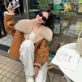 DERMEARNE Fur One Fox Fur Jacket Women's Outwear Winter New Fashion Loose Warm Short Motorcycle Imitation Lapel Lamb Fur Coat Tops