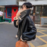 DERMEARNE Fur One Fox Fur Jacket Women's Outwear Winter New Fashion Loose Warm Short Motorcycle Imitation Lapel Lamb Fur Coat Tops