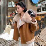 DERMEARNE Fur One Fox Fur Jacket Women's Outwear Winter New Fashion Loose Warm Short Motorcycle Imitation Lapel Lamb Fur Coat Tops