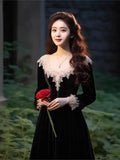 DERMEARNE Gagarich French Formal Slim Lace Side Long Vintage Women Dress Feel Hepburn Style Black Velvet Spring Autumn Elegant Vestidos