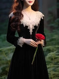 DERMEARNE Gagarich French Formal Slim Lace Side Long Vintage Women Dress Feel Hepburn Style Black Velvet Spring Autumn Elegant Vestidos