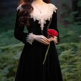DERMEARNE Gagarich French Formal Slim Lace Side Long Vintage Women Dress Feel Hepburn Style Black Velvet Spring Autumn Elegant Vestidos