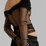 DERMEARNE Gaono Multi-wear Mesh Sheer Crop Tops Korean Elegant Off the Shoulder T-shirt Chic Women Long Sleeves Slim Fit Cover-Ups Tees