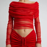 DERMEARNE Gaono Multi-wear Mesh Sheer Crop Tops Korean Elegant Off the Shoulder T-shirt Chic Women Long Sleeves Slim Fit Cover-Ups Tees