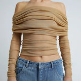 DERMEARNE Gaono Multi-wear Mesh Sheer Crop Tops Korean Elegant Off the Shoulder T-shirt Chic Women Long Sleeves Slim Fit Cover-Ups Tees