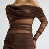 DERMEARNE Gaono Multi-wear Mesh Sheer Crop Tops Korean Elegant Off the Shoulder T-shirt Chic Women Long Sleeves Slim Fit Cover-Ups Tees