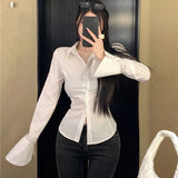 DERMEARNE Gidyq Fashion Women Bandage Shirts Korean All Match Streetwear Female Slim Blouse Spring Casual White Bell Sleeve Shirt New