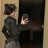 DERMEARNE Gidyq Fashion Women Bandage Shirts Korean All Match Streetwear Female Slim Blouse Spring Casual White Bell Sleeve Shirt New