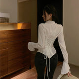 DERMEARNE Gidyq Fashion Women Bandage Shirts Korean All Match Streetwear Female Slim Blouse Spring Casual White Bell Sleeve Shirt New