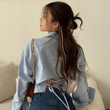 DERMEARNE Gidyq Korean Bandage Shirt Women Fashion Backless Sexy Blouse Office Ladies Casual Slim Chic Turn Down Collar Long Sleeve Tops