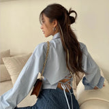DERMEARNE Gidyq Korean Bandage Shirt Women Fashion Backless Sexy Blouse Office Ladies Casual Slim Chic Turn Down Collar Long Sleeve Tops