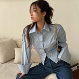 DERMEARNE Gidyq Korean Bandage Shirt Women Fashion Backless Sexy Blouse Office Ladies Casual Slim Chic Turn Down Collar Long Sleeve Tops