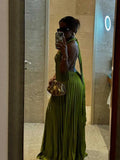 Dermearne Green Evening Dresses Woman Elegant Sexy Summer Pleated Dress Hollow Out Lady Halter Neck Backless Dress Wholesale