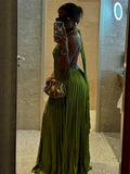 Dermearne Green Evening Dresses Woman Elegant Sexy Summer Pleated Dress Hollow Out Lady Halter Neck Backless Dress Wholesale