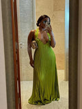 Dermearne Green Evening Dresses Woman Elegant Sexy Summer Pleated Dress Hollow Out Lady Halter Neck Backless Dress Wholesale