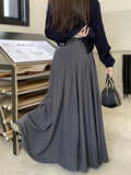 DERMEARNE Grey Black Long Skirts Womens Maxi Skirt 2025 Autumn Winter Suit Skirt Goth Lolita High Waist Ruffle Pleated Skirts Double Belts