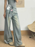 DERMEARNE Grey Jeans Women 90s Vintage Personality High Waisted Straight Trouser Streetwear Casual Loose Girl Wide Leg Classic Denim Pants