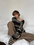 Women Punk Gothic Striped Long Sleeve Loose Patchwork Sweater Hip Hop Retro Oversize Pullover Casual Knitted Jumpers
