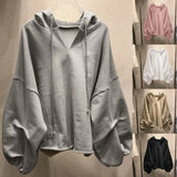 Women Hoodies Sweatshirt Solid Color Drawstring Pullover Hoodie Autumn Batwing Sleeve V-Neck Women Sweatshirt Loose Jumper 2021