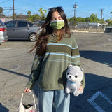 Harajuku Striped Sweater Women Long Sleeve Round Neck Pullovers Knitting Street Tops Korean Fashion Oversized Sweater