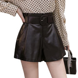 Women Paperbag Leather Shorts With Belt Pockets Spring Winter Faux Leather Wide Leg High Waist Shorts Black Coffee Color Outfit