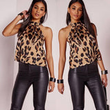 Womens Sexy Leopard Print Halter Neck Sleeveless Button Cami Vest Evening Party Tops Casual Backless Sleeveless Shirts