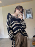 Women Punk Gothic Striped Long Sleeve Loose Patchwork Sweater Hip Hop Retro Oversize Pullover Casual Knitted Jumpers