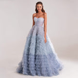 Xijun Elegant Long Prom Dresses Sweetheart Crumpled Tulle Ruffles Evening Dress Saudi Arabic Sleeveless Tiered A-Line Party Gown