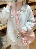 DERMEARNE HOUZHOU Japanese Fashion Kawaii Zipper Hoodie Women Harajuku Cute Pink Cat Embroidery Oversized Hooded Sweatshirt  Winter 2024