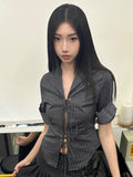 DERMEARNE HOUZHOU Vintage Sexy Coquette Blouses Women Korean Style Punk Streetwear Striped Print Bandage Hollow Out Slim Shirts 2025 Y2k