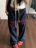 DERMEARNE HOUZHOU Vintage Women Sweatpants Baggy Korean Preppy Style Retro Trousers Streetwear Y2k Letter Printed Wide Leg Patchwork Pants