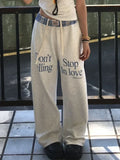 DERMEARNE HOUZHOU Vintage Women Sweatpants Baggy Korean Preppy Style Retro Trousers Streetwear Y2k Letter Printed Wide Leg Patchwork Pants
