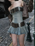 DERMEARNE HOUZHOU Vintage Y2k Strapless Denim Dress Women Summer Bodycon Sexy Korean Fashion Kpop Belt Pleated Mini Dress 2000s Streetwear