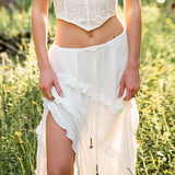 DERMEARNE HOUZHOU Y2K Irregular Split White Midi Skirt Women Low Waist Lace Up Fairycore Sweet Boho Long Skirt Sexy Summer Holiday Beach