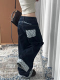 DERMEARNE HOUZHOU Y2k Embroidery Baggy Jeans Women Vintage Plaid Patchwork Denim Trousers Harajuku Korean Sweet Oversized Jeans Cutecore