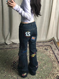 DERMEARNE HOUZHOU Y2k Graphic Cargo Jeans Women Harajuku Grunge Low Waist Denim Trouser Vintage High Street Aesthetic Japanese 2000s Jeans