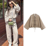 DERMEARNE HXAO Crop Bow Lace-Up Blouse Women's Shirt Summer 2025 O-Neck Long Sleeve Loose Shirt Elegant Fashion All-Match Ladies Blouses