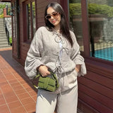 DERMEARNE HXAO Crop Bow Lace-Up Blouse Women's Shirt Summer 2025 O-Neck Long Sleeve Loose Shirt Elegant Fashion All-Match Ladies Blouses