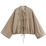 DERMEARNE HXAO Crop Bow Lace-Up Blouse Women's Shirt Summer 2025 O-Neck Long Sleeve Loose Shirt Elegant Fashion All-Match Ladies Blouses