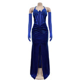 DERMEARNE Halter Lace Up Women Lace Rhinestone Fish Bone Mesh Slim Elegant Long Velvet Party Dress Front Split Sexy Maxi Dress with Gloves